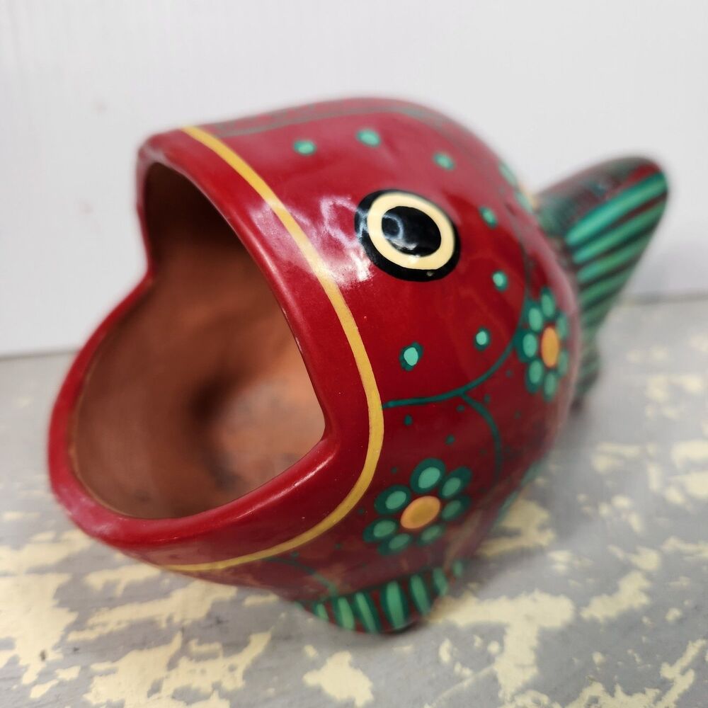 Vintage Hand Painted Red Clay Big Mouth Fish Mexico Colorful Flowers Terracotta